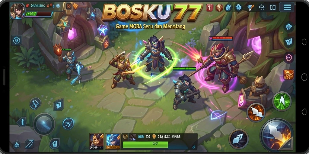 Tangkapan layar <strong>BOSKU777</strong> memperlihatkan pertarungan tim yang intens dalam gameplay MOBA.