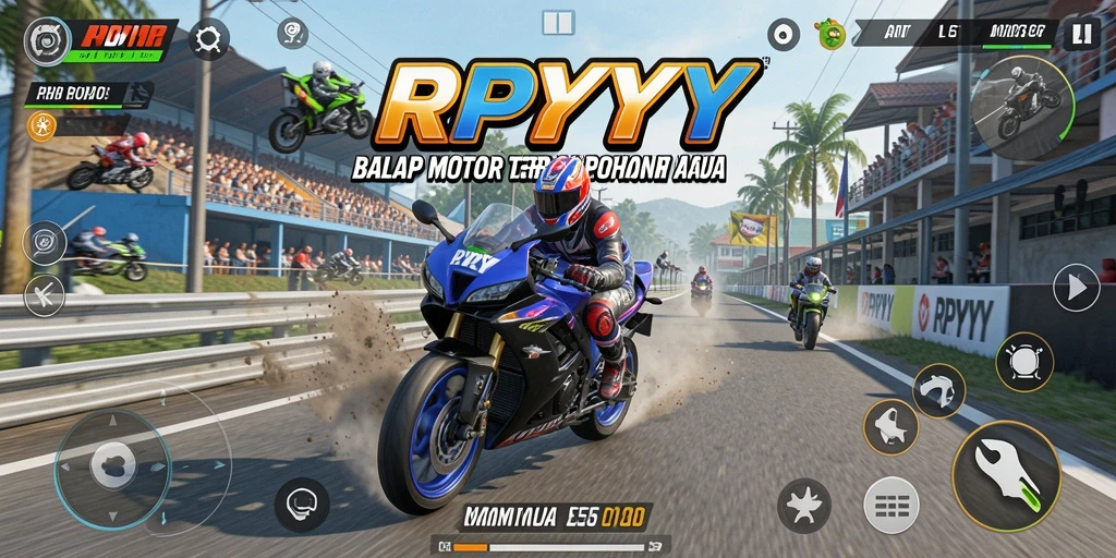 Tangkapan layar utama RPYYY menampilkan aksi balap motor yang mendebarkan.
