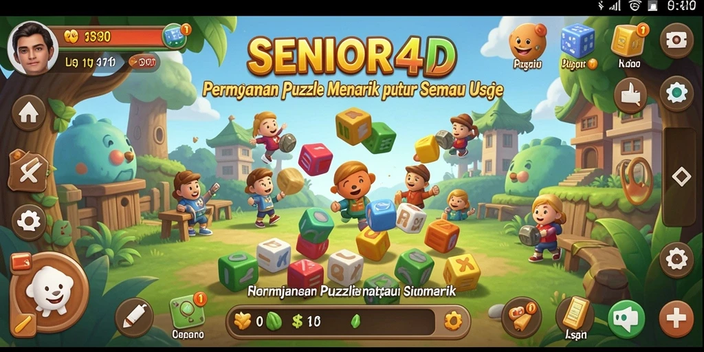 Screenshot gameplay SENIOR4D menunjukkan level puzzle yang seru dan penuh warna.