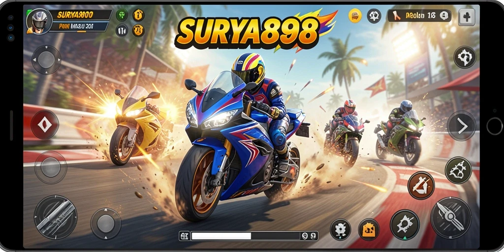 Tampilan balapan motor seru di SURYA898 dengan grafik memukau.