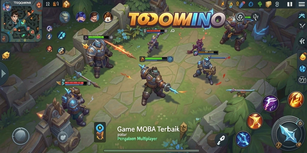 Screenshot gameplay TOPDOMINO menunjukkan aksi MOBA yang intens.